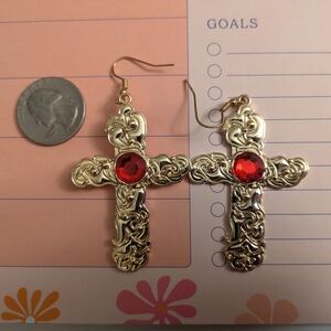 Dolls Kill Gold Cross Earrings with Red Gem